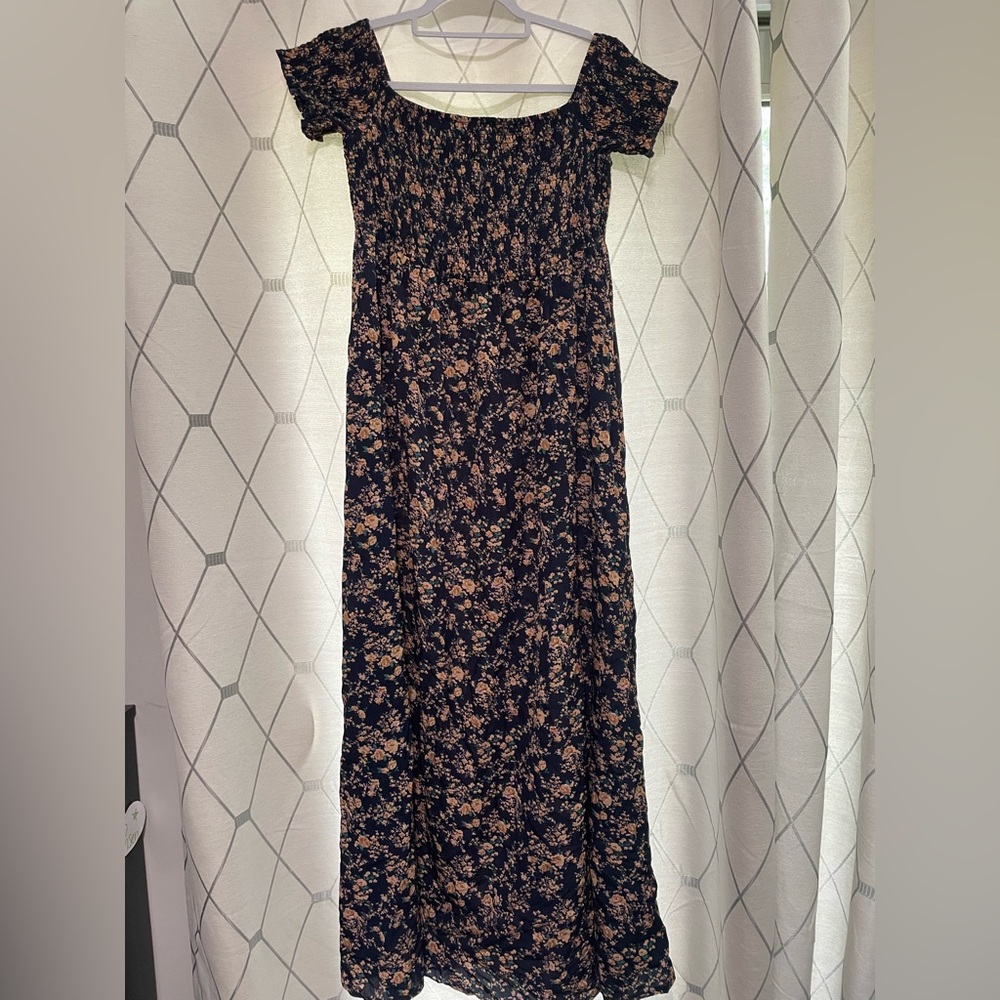 Brand of dress SHEIN, size Large, color navy with flowers and slit on the right
